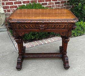 Antique French Writing Desk Table Renaissance Revival Dolphin Carved Oak Petite