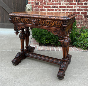 Antique French Writing Desk Table Renaissance Revival Dolphin Carved Oak Petite