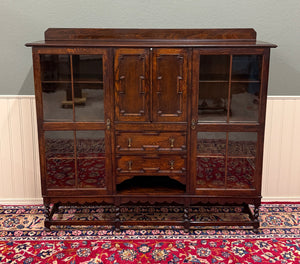 Antique English Jacobean Bookcase Bookshelf Cabinet Barley Twist Wavy Glass Oak