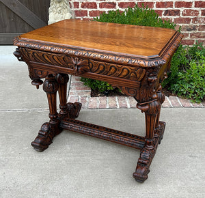 Antique French Writing Desk Table Renaissance Revival Dolphin Carved Oak Petite