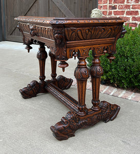 Antique French Writing Desk Table Renaissance Revival Dolphin Carved Oak Petite