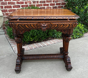 Antique French Writing Desk Table Renaissance Revival Dolphin Carved Oak Petite