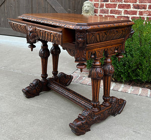 Antique French Writing Desk Table Renaissance Revival Dolphin Carved Oak Petite