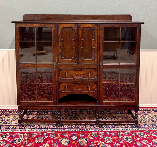 Antique English Jacobean Bookcase Bookshelf Cabinet Barley Twist Wavy Glass Oak