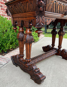 Antique French Writing Desk Table Renaissance Revival Dolphin Carved Oak Petite