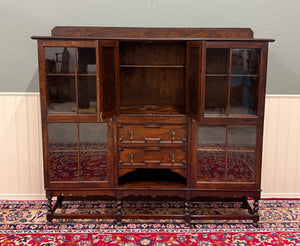 Antique English Jacobean Bookcase Bookshelf Cabinet Barley Twist Wavy Glass Oak