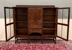 Antique English Jacobean Bookcase Bookshelf Cabinet Barley Twist Wavy Glass Oak