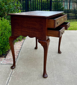 Antique English Georgian Table Small Desk Nightstand Lowboy 3 Drawers Tiger Oak