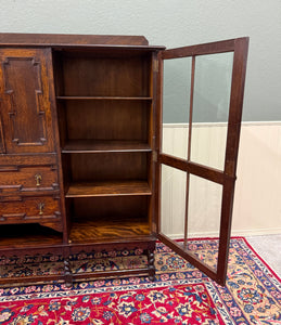 Antique English Jacobean Bookcase Bookshelf Cabinet Barley Twist Wavy Glass Oak