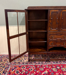 Antique English Jacobean Bookcase Bookshelf Cabinet Barley Twist Wavy Glass Oak