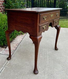 Antique English Georgian Table Small Desk Nightstand Lowboy 3 Drawers Tiger Oak