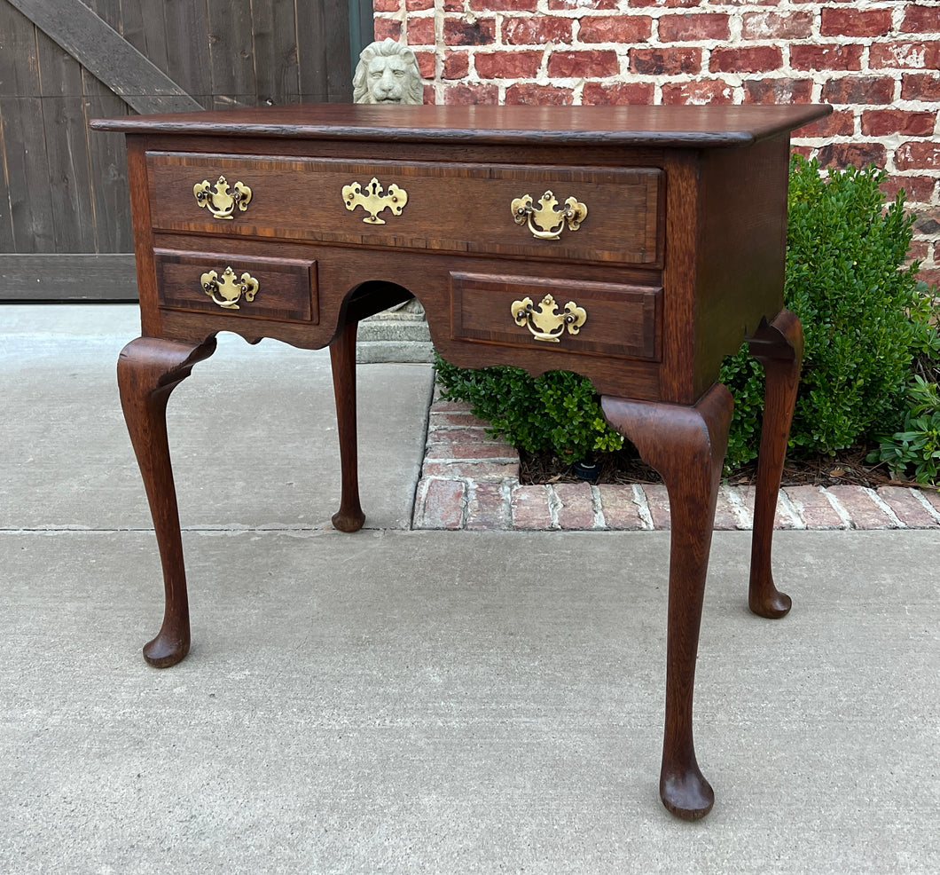 Antique English Georgian Table Small Desk Nightstand Lowboy 3 Drawers Tiger Oak