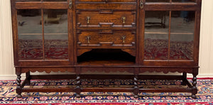 Antique English Jacobean Bookcase Bookshelf Cabinet Barley Twist Wavy Glass Oak