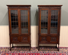 Load image into Gallery viewer, Antique PAIR English Jacobean Bookcases Bookshelves Cabinets Leaded Glass Oak