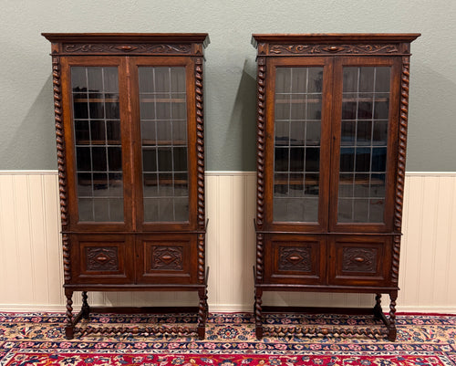 Antique PAIR English Jacobean Bookcases Bookshelves Cabinets Leaded Glass Oak