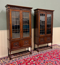 Load image into Gallery viewer, Antique PAIR English Jacobean Bookcases Bookshelves Cabinets Leaded Glass Oak