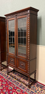 Antique PAIR English Jacobean Bookcases Bookshelves Cabinets Leaded Glass Oak