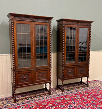 Load image into Gallery viewer, Antique PAIR English Jacobean Bookcases Bookshelves Cabinets Leaded Glass Oak