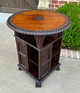 Antique English Revolving Bookcase Display Cabinet Round Table Top Oak c. 1894
