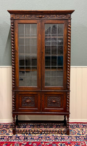 Antique PAIR English Jacobean Bookcases Bookshelves Cabinets Leaded Glass Oak