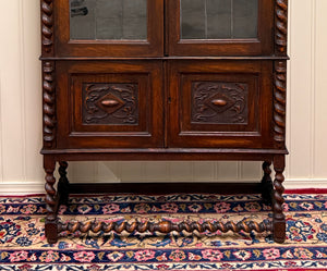 Antique PAIR English Jacobean Bookcases Bookshelves Cabinets Leaded Glass Oak