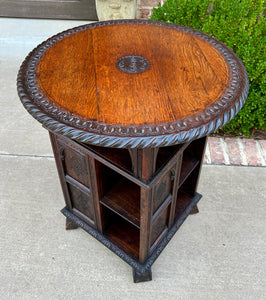 Antique English Revolving Bookcase Display Cabinet Round Table Top Oak c. 1894
