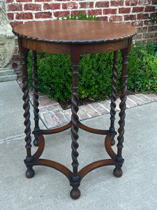 Antique English Oak End Table ROUND Barley Twist Pie Crust Edge Side Table