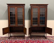 Load image into Gallery viewer, Antique PAIR English Jacobean Bookcases Bookshelves Cabinets Leaded Glass Oak