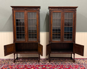 Antique PAIR English Jacobean Bookcases Bookshelves Cabinets Leaded Glass Oak