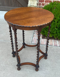 Antique English Oak End Table ROUND Barley Twist Pie Crust Edge Side Table