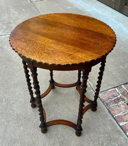 Antique English Oak End Table ROUND Barley Twist Pie Crust Edge Side Table