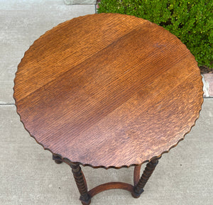 Antique English Oak End Table ROUND Barley Twist Pie Crust Edge Side Table