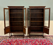 Load image into Gallery viewer, Antique PAIR English Jacobean Bookcases Bookshelves Cabinets Leaded Glass Oak