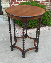 Load image into Gallery viewer, Antique English Oak End Table ROUND Barley Twist Pie Crust Edge Side Table