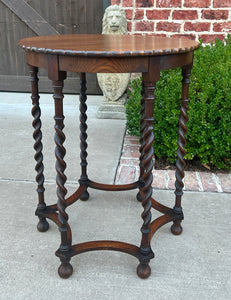 Antique English Oak End Table ROUND Barley Twist Pie Crust Edge Side Table