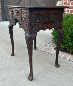 Antique English Georgian Table Desk Nightstand PETITE Lowboy Highly Carved Oak