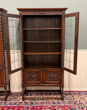 Load image into Gallery viewer, Antique PAIR English Jacobean Bookcases Bookshelves Cabinets Leaded Glass Oak