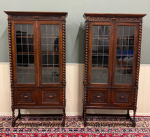 Load image into Gallery viewer, Antique PAIR English Jacobean Bookcases Bookshelves Cabinets Leaded Glass Oak