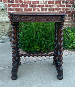 Antique French Side End Table BARLEY TWIST Carved Oak Renaissance Drawer 19th C