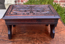 Load image into Gallery viewer, Antique English Kettle Stand Small Footstool Bench Carved Oak c. 1920s-30s