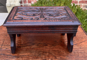 Antique English Kettle Stand Small Footstool Bench Carved Oak c. 1920s-30s