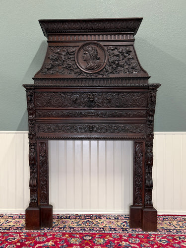 Antique French Fireplace Mantel Surround Renaissance Revival Carved Oak 19thC