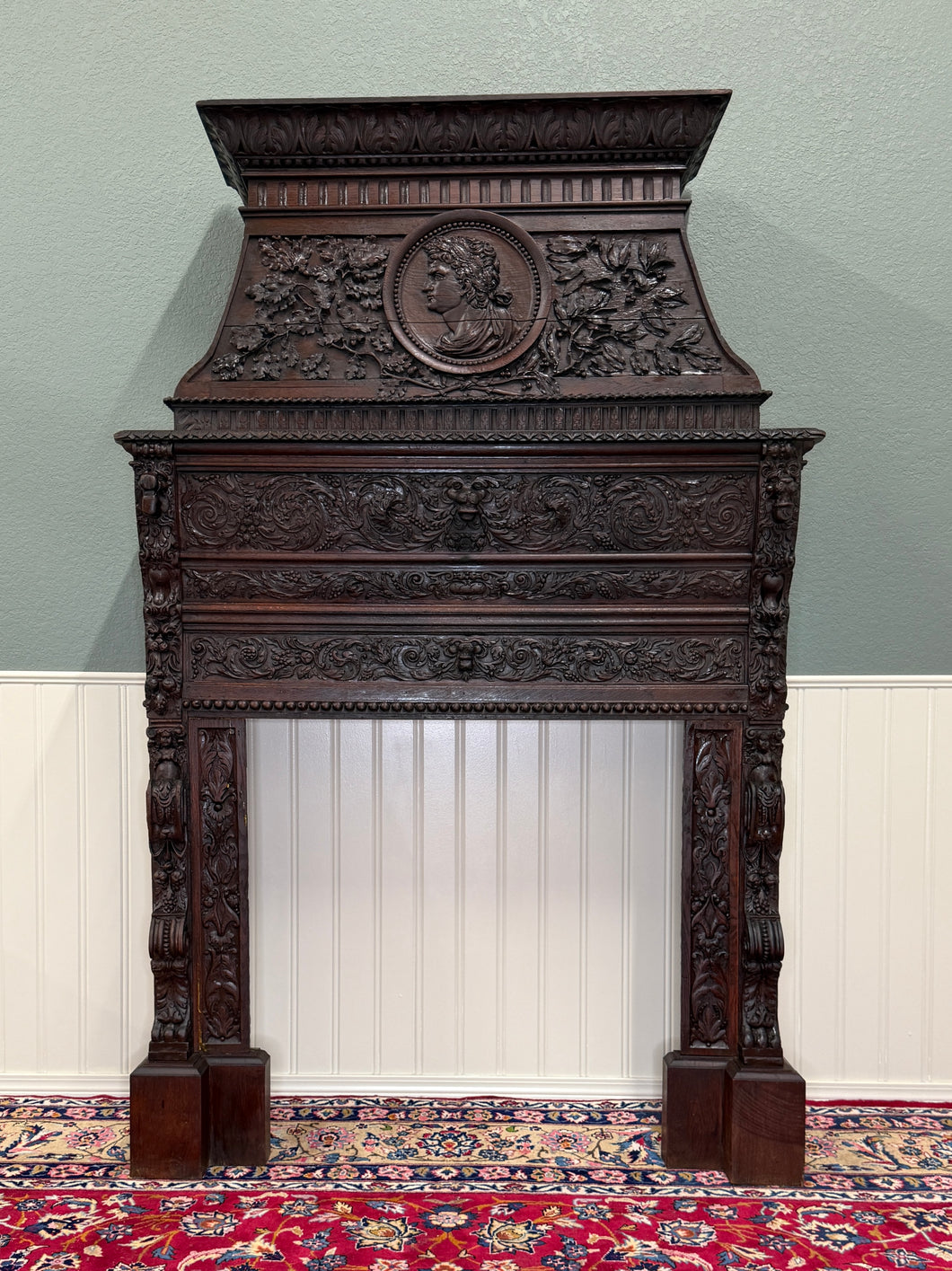 Antique French Fireplace Mantel Surround Renaissance Revival Carved Oak 19thC