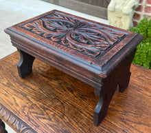 Load image into Gallery viewer, Antique English Kettle Stand Small Footstool Bench Carved Oak c. 1920s-30s