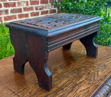 Load image into Gallery viewer, Antique English Kettle Stand Small Footstool Bench Carved Oak c. 1920s-30s