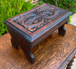 Antique English Kettle Stand Small Footstool Bench Carved Oak c. 1920s-30s
