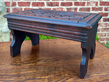 Load image into Gallery viewer, Antique English Kettle Stand Small Footstool Bench Carved Oak c. 1920s-30s