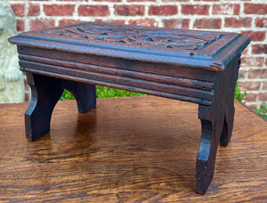 Antique English Kettle Stand Small Footstool Bench Carved Oak c. 1920s-30s