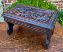 Load image into Gallery viewer, Antique English Kettle Stand Small Footstool Bench Carved Oak c. 1920s-30s
