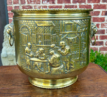 Load image into Gallery viewer, Antique English Brass Planter Lion Heads Flowerpot Pub Scenes c.1930